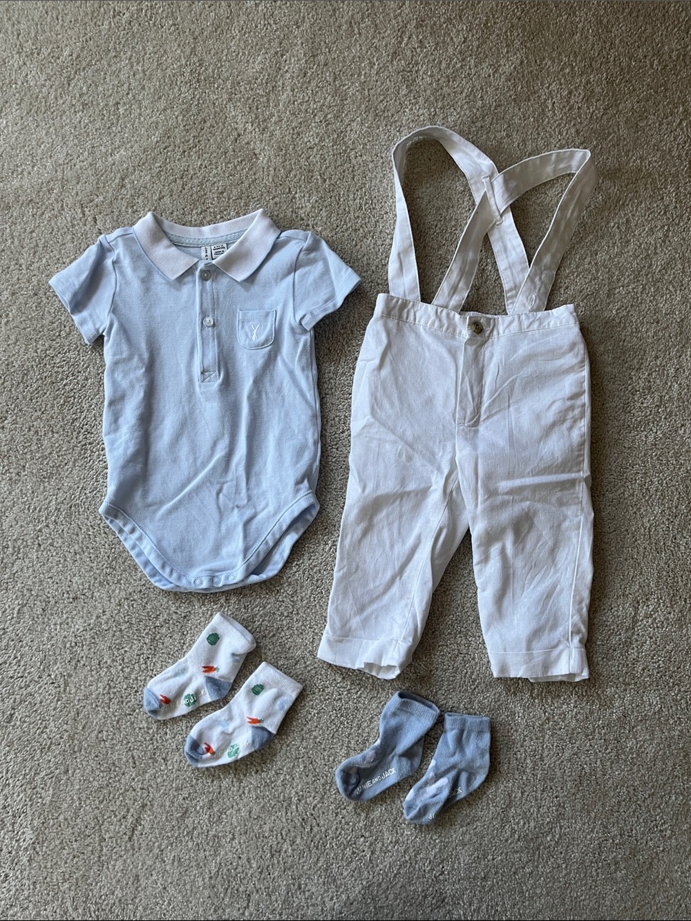 Easter Bunny White Baby Suspender Pants & Light Blue Polo Onesie Set Two Socks